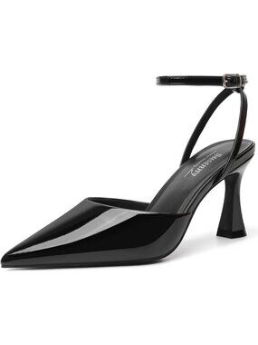 Women's Black Flared Heel Elegant Closed Pointed Toe Strappy Stiletto Pump Shoes